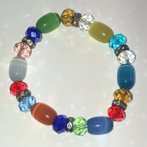 Jewelry - Colorful Moon Glow and Multicolor Glass Beaded Boho Stretch Bracelet